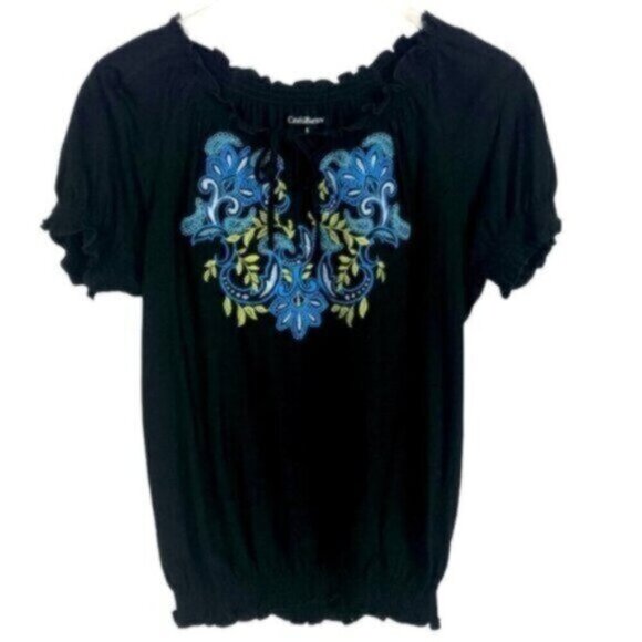 Croft & Barrow | Blue Embroidery Tie Neck Short Sleeve Top Size Small - Picture 1 of 9